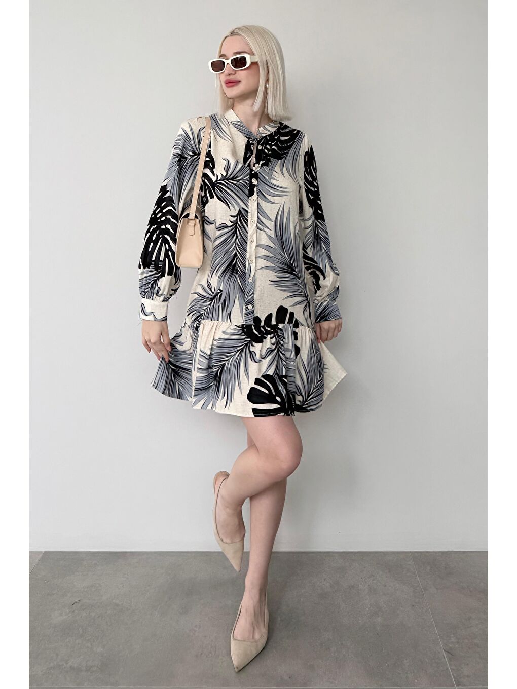 İndigo Desenli Düğmeli Kısa Kadın Elbise Mg2432