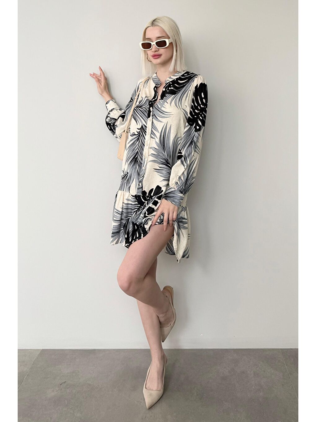 İndigo Desenli Düğmeli Kısa Kadın Elbise Mg2432-1