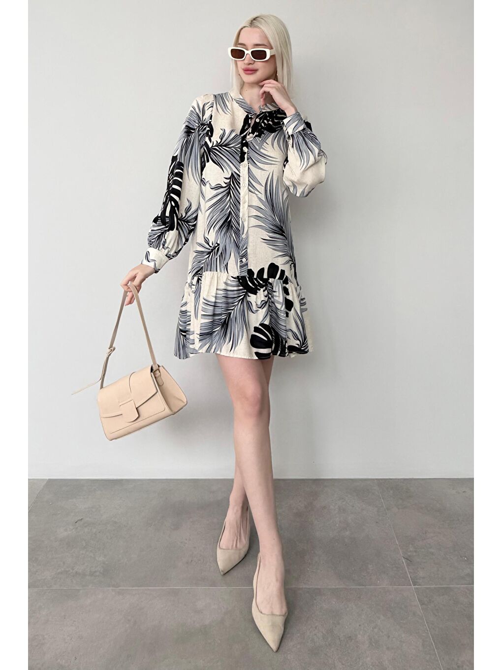 İndigo Desenli Düğmeli Kısa Kadın Elbise Mg2432-2