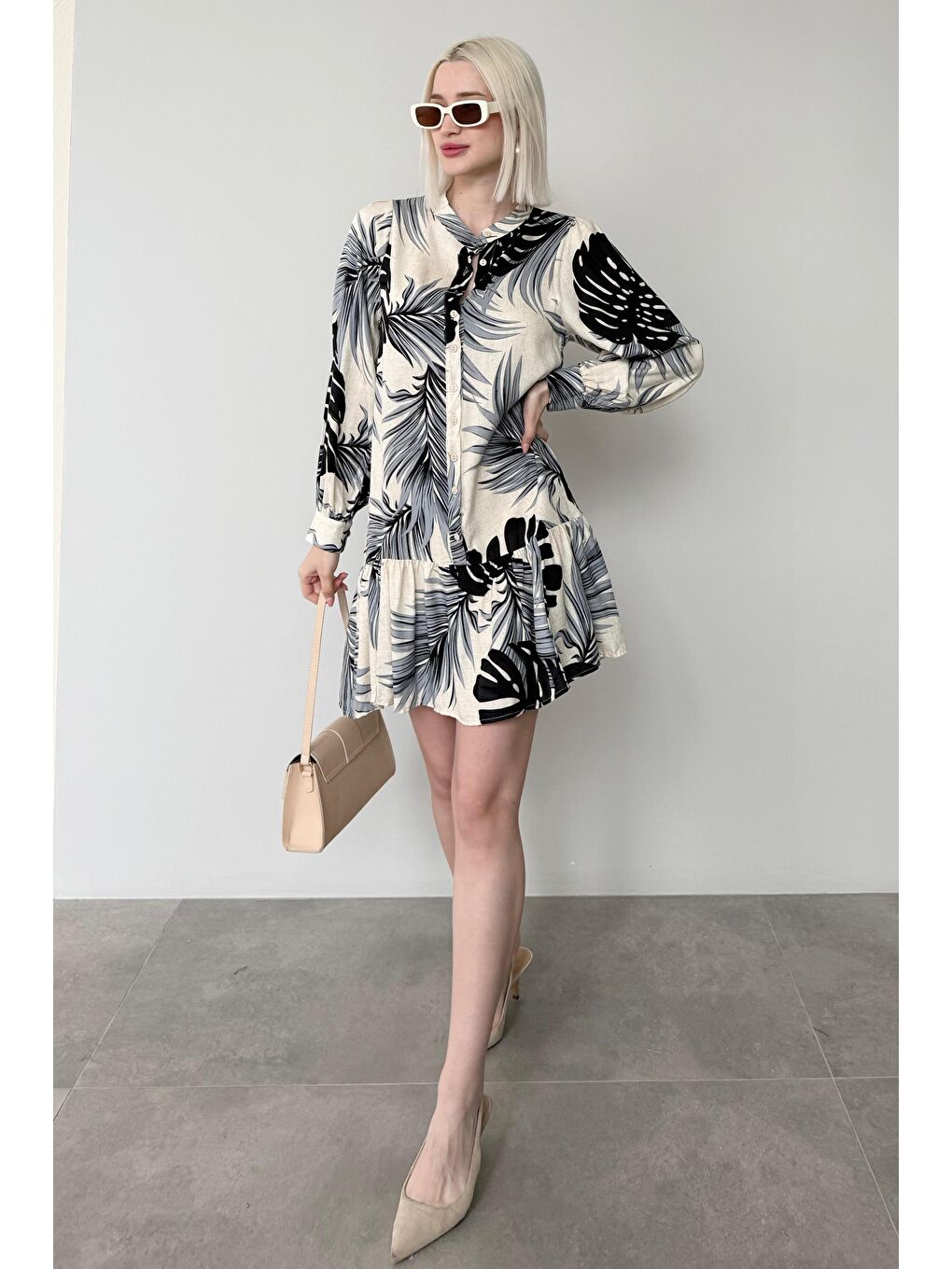 İndigo Desenli Düğmeli Kısa Kadın Elbise Mg2432-3