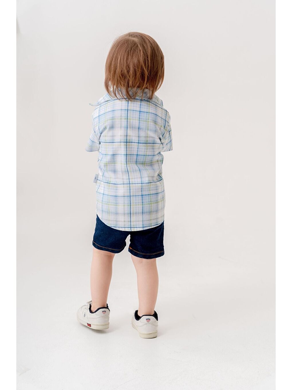 Mavi Tarz Gömlekli Kareli Belden Ayarlanabilir Kısa Kollu Şortlu 3'lü Takım-2