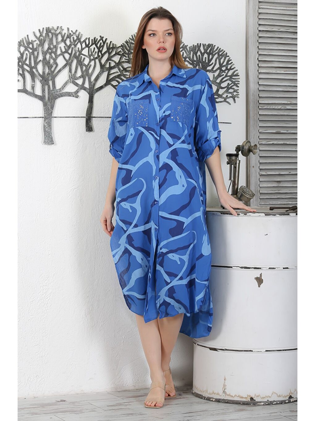 Lacivert İtalyan Gömlek Yaka Düğmeli Uzun Kollu Cepli Pul Payetli Dokuma Yazlık Elbise 130 65-1