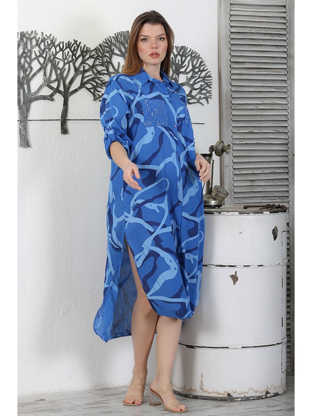 Lacivert İtalyan Gömlek Yaka Düğmeli Uzun Kollu Cepli Pul Payetli Dokuma Yazlık Elbise 130 65-2