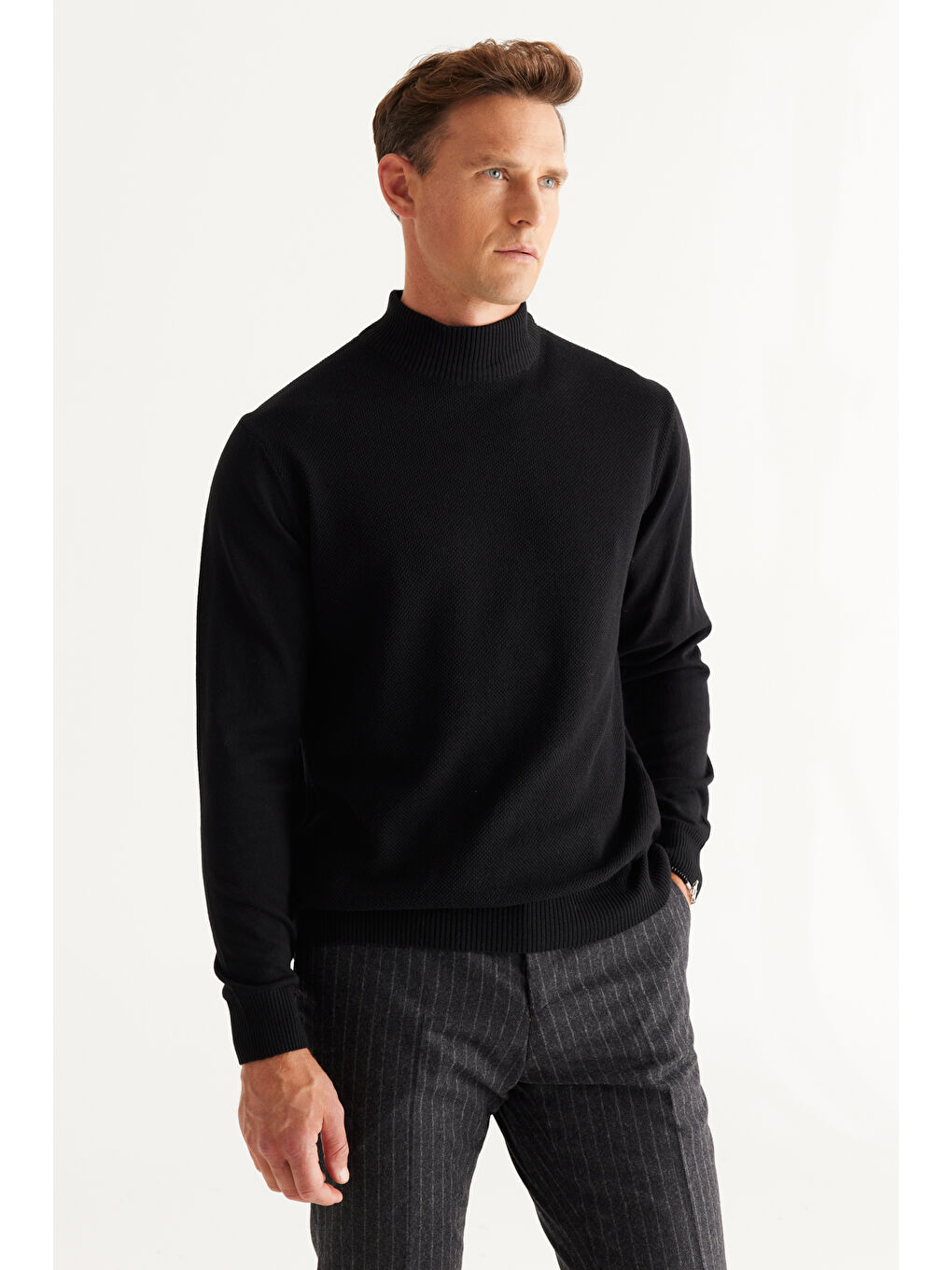 Erkek Siyah Standart Fit Normal Kesim Yarım Balıkçı Yaka Pamuklu Triko-2