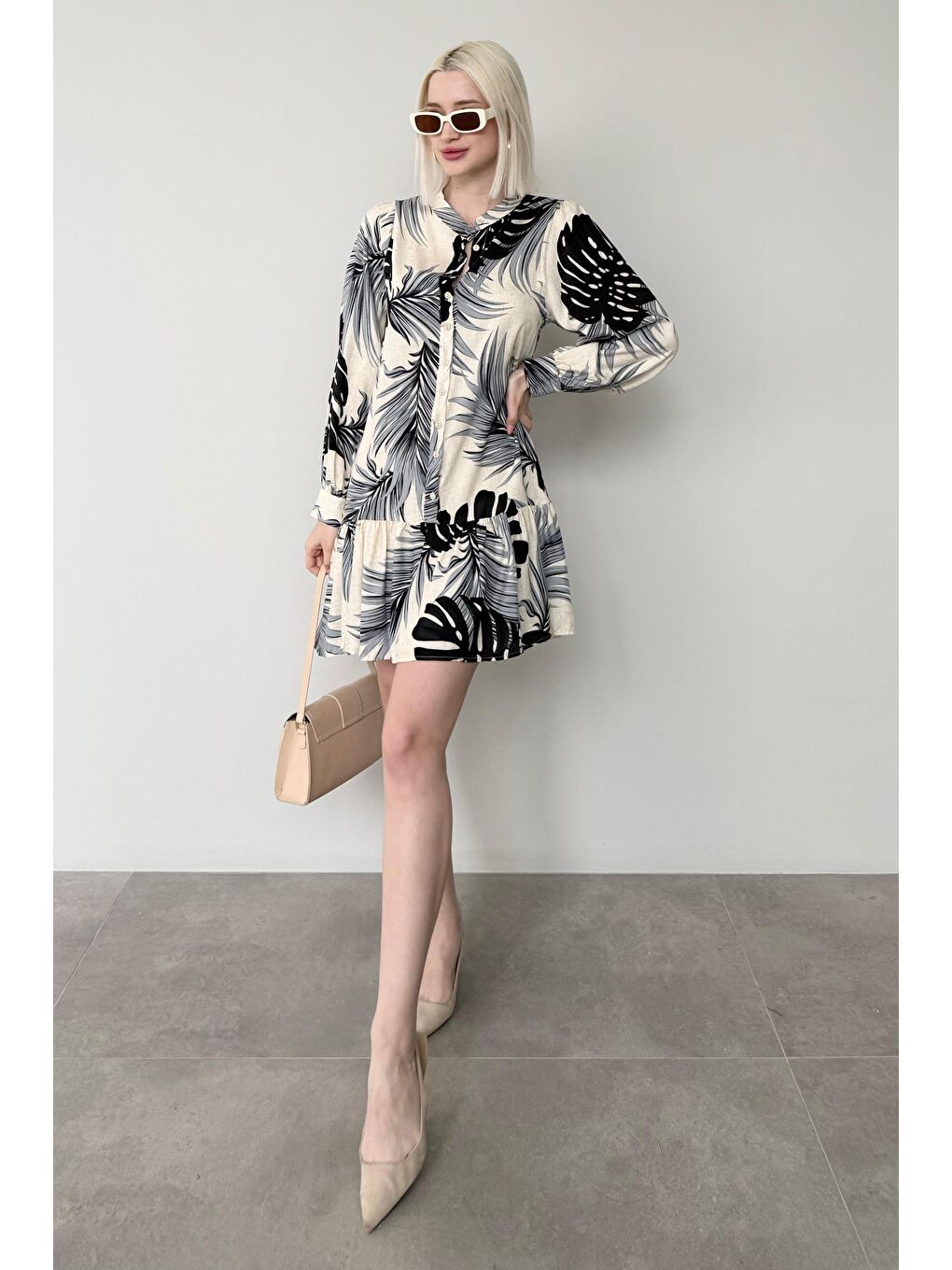 İndigo Desenli Düğmeli Kısa Kadın Elbise Mg2432-4