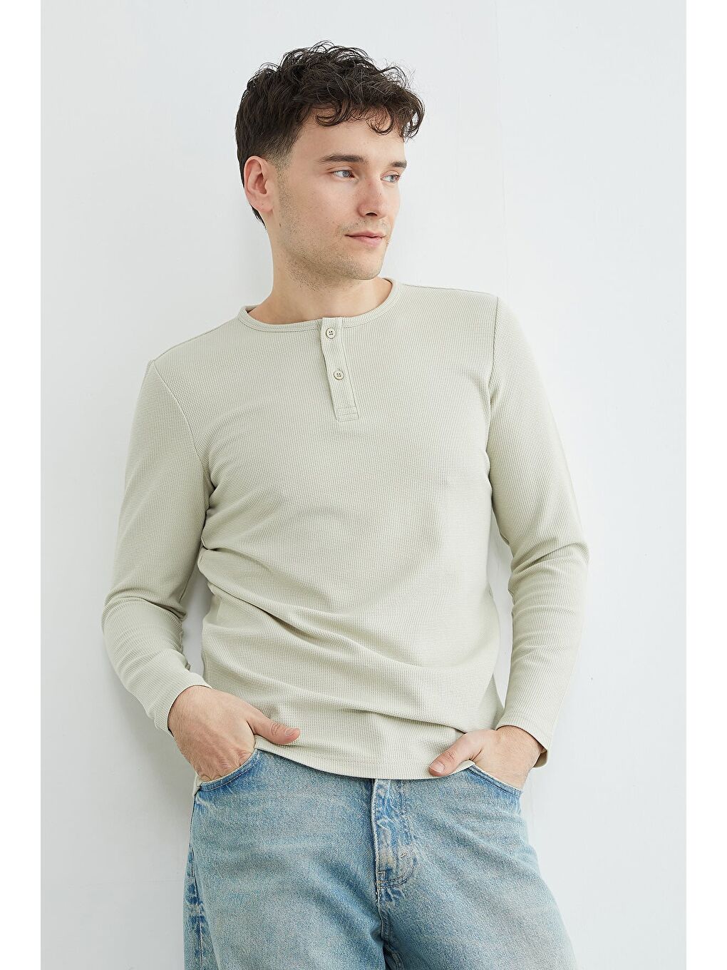 Yeşil Petek Kumaş Yarım Düğmeli Sweatshirt