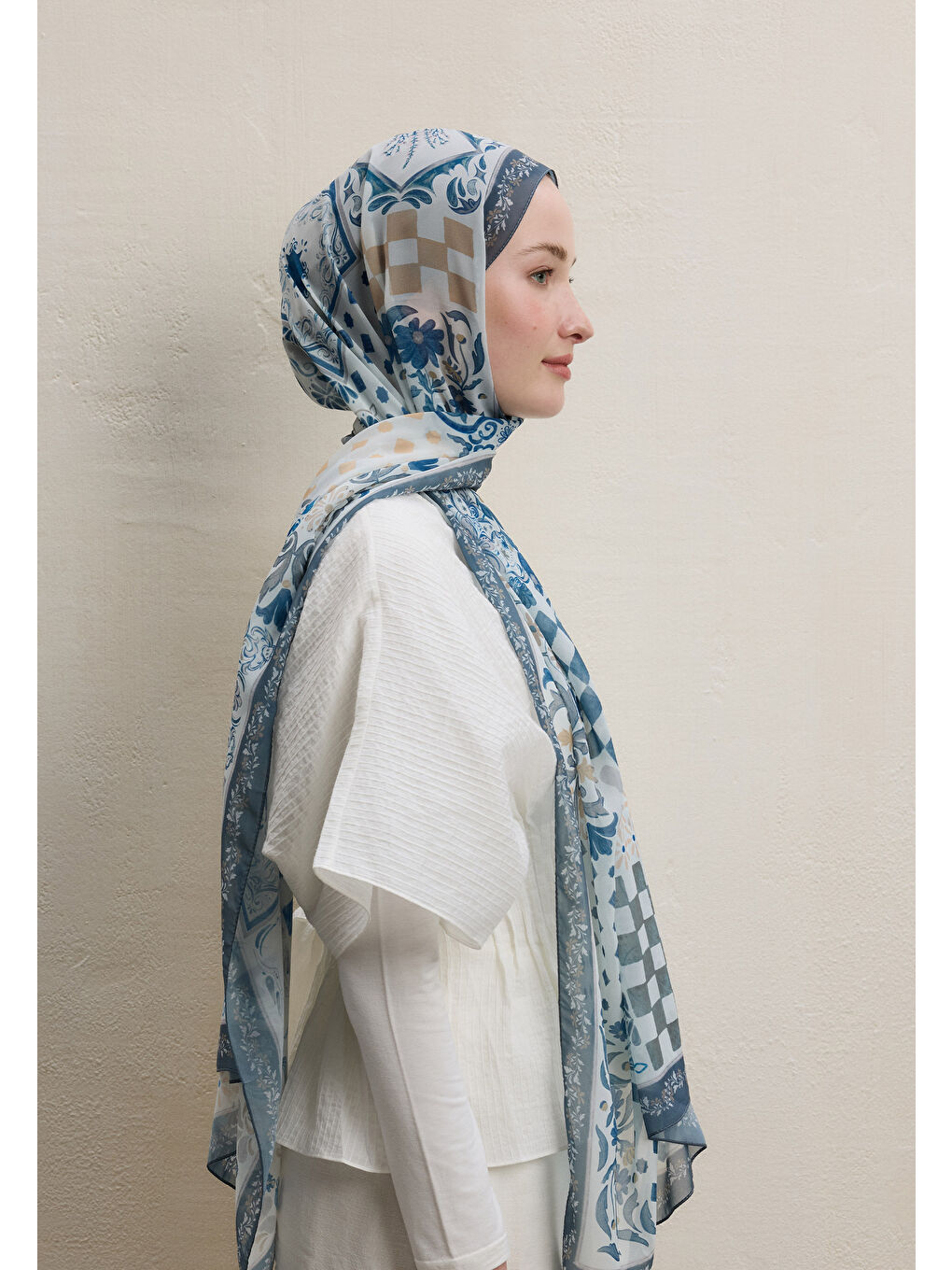 Bella Desen İpek Krep Şal İndigo-2