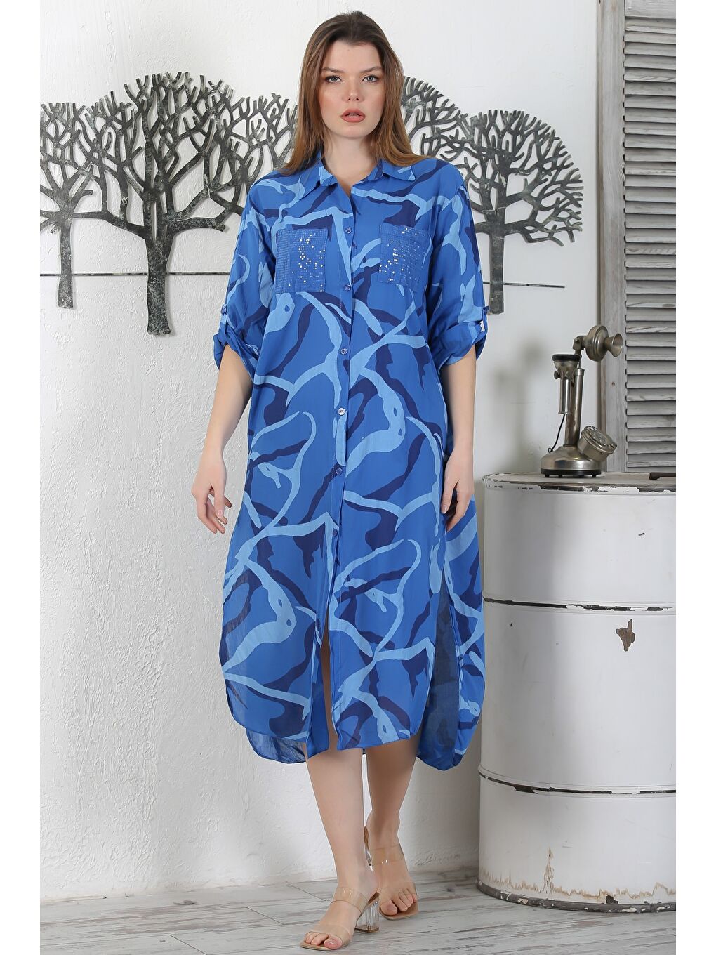 Lacivert İtalyan Gömlek Yaka Düğmeli Uzun Kollu Cepli Pul Payetli Dokuma Yazlık Elbise 130 65-5