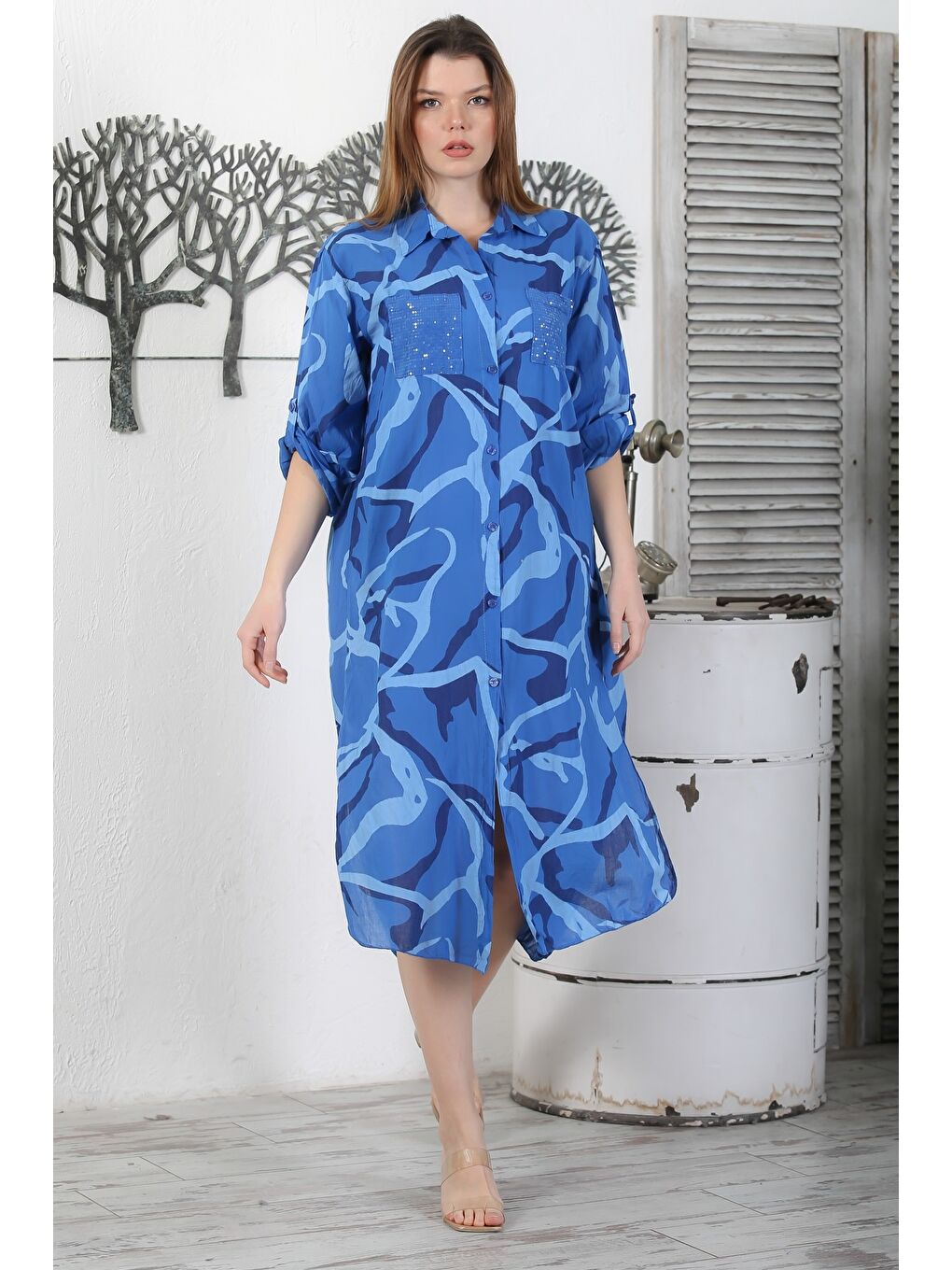 Lacivert İtalyan Gömlek Yaka Düğmeli Uzun Kollu Cepli Pul Payetli Dokuma Yazlık Elbise 130 65-6