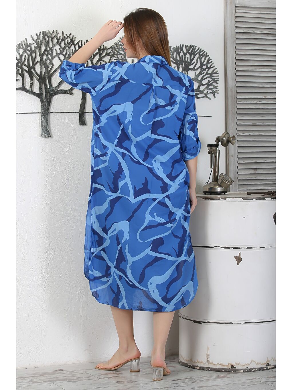 Lacivert İtalyan Gömlek Yaka Düğmeli Uzun Kollu Cepli Pul Payetli Dokuma Yazlık Elbise 130 65-7