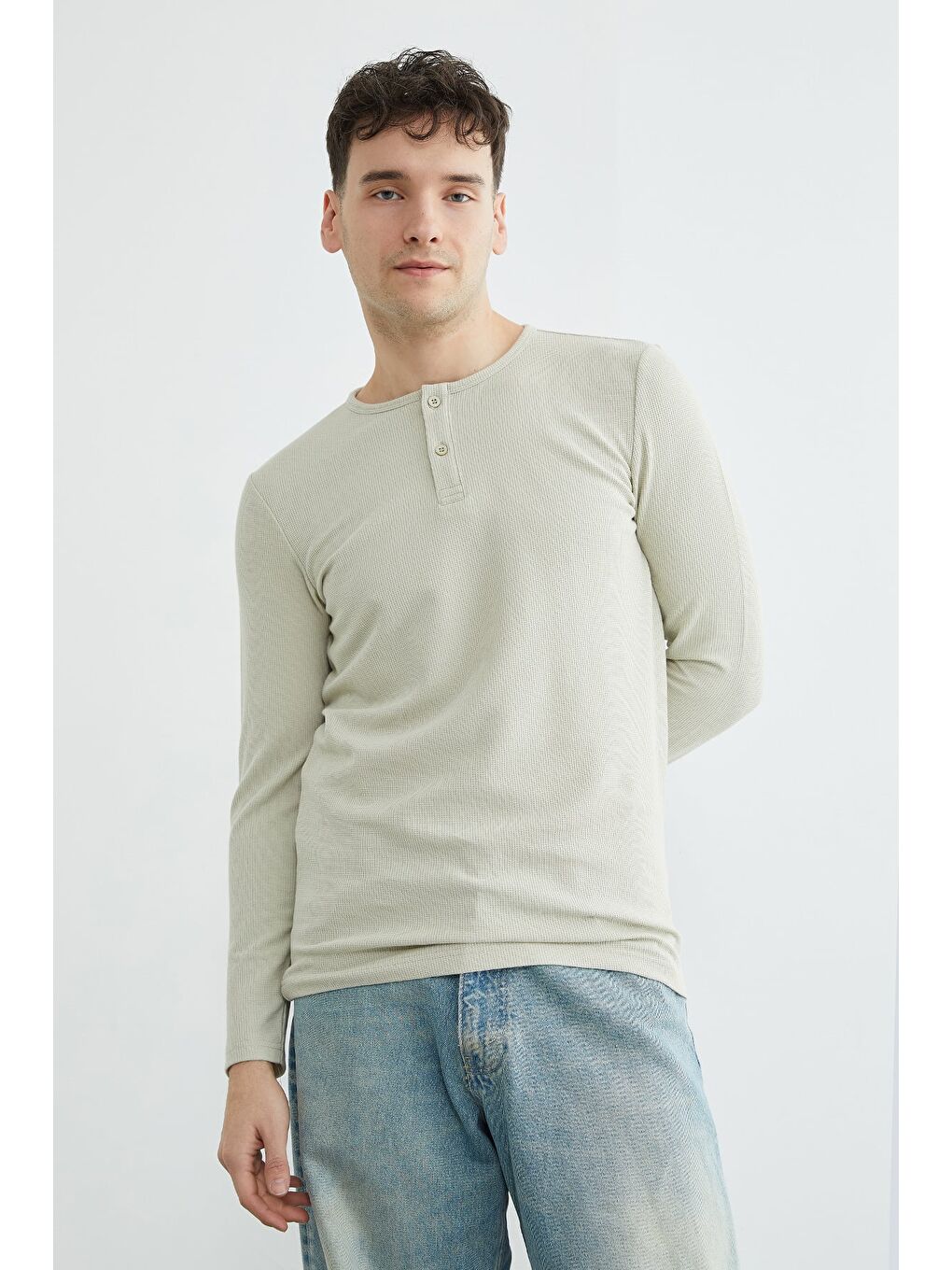 Yeşil Petek Kumaş Yarım Düğmeli Sweatshirt-1