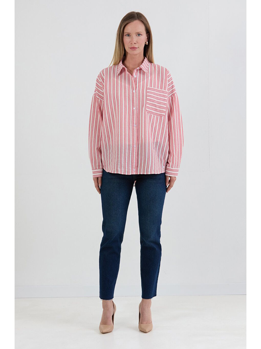 Kırmızı Çizgili Body Detaylı Oversize Gömlek-3