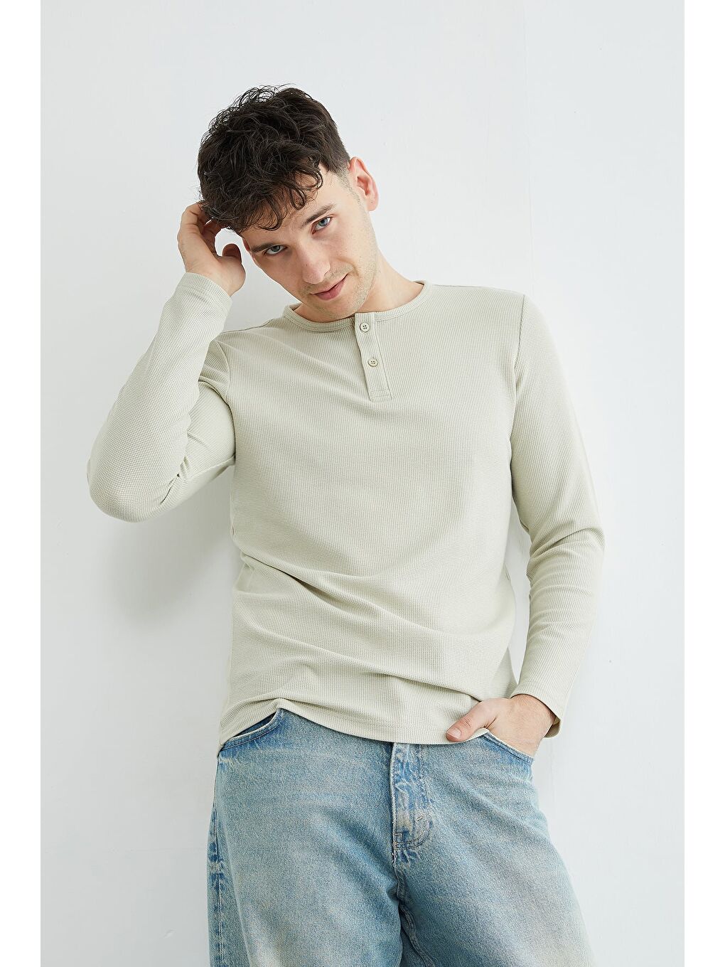 Yeşil Petek Kumaş Yarım Düğmeli Sweatshirt-2