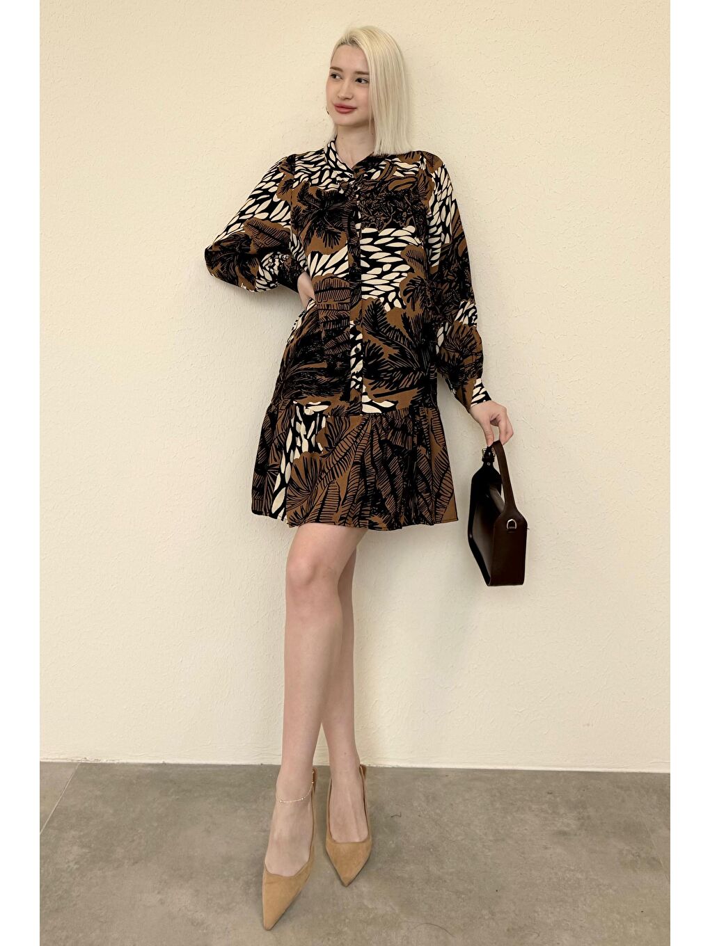 Kahverengi Desenli Düğmeli Kısa Kadın Elbise Mg2432