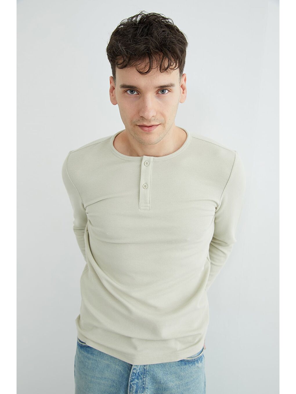 Yeşil Petek Kumaş Yarım Düğmeli Sweatshirt-3