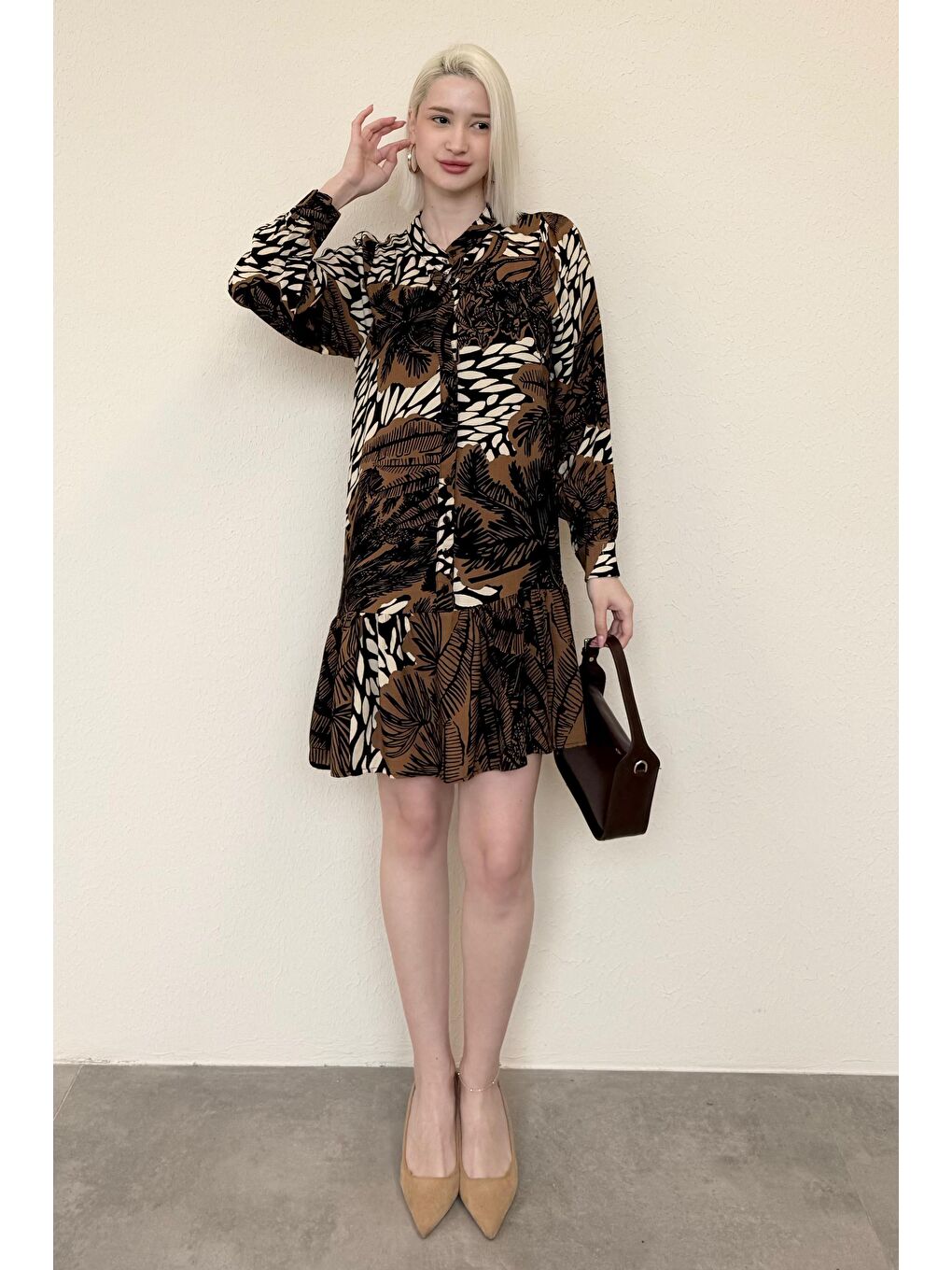 Kahverengi Desenli Düğmeli Kısa Kadın Elbise Mg2432-2