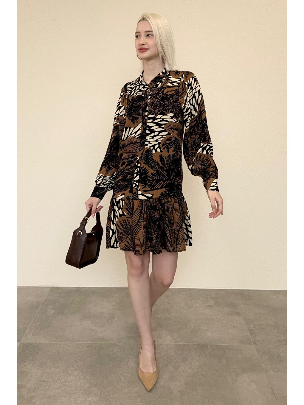 Kahverengi Desenli Düğmeli Kısa Kadın Elbise Mg2432-3