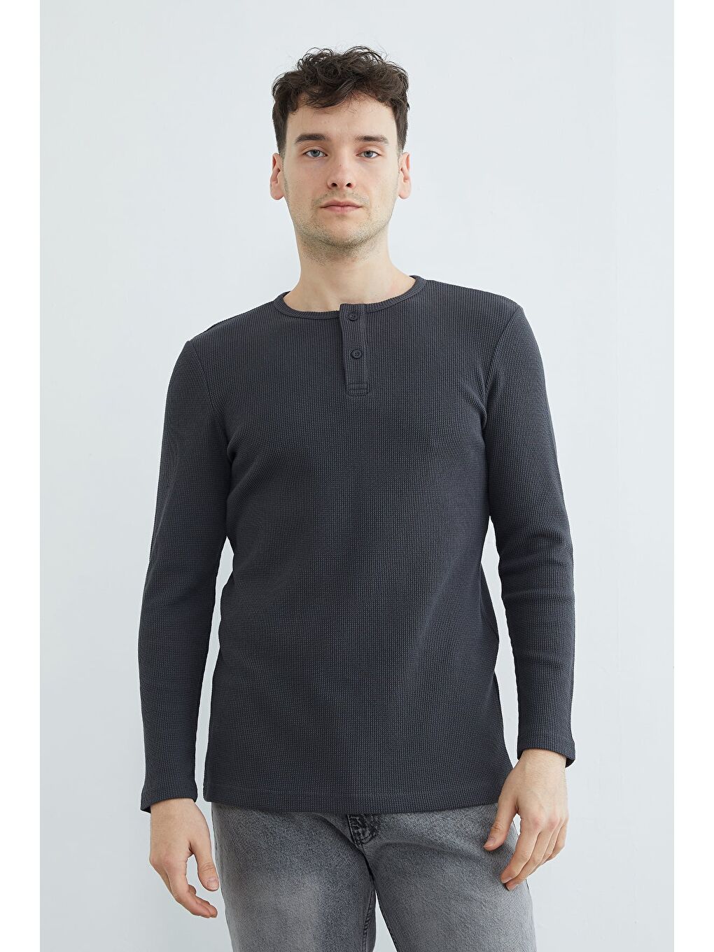 Antrasit Petek Kumaş Yarım Düğmeli Sweatshirt-1