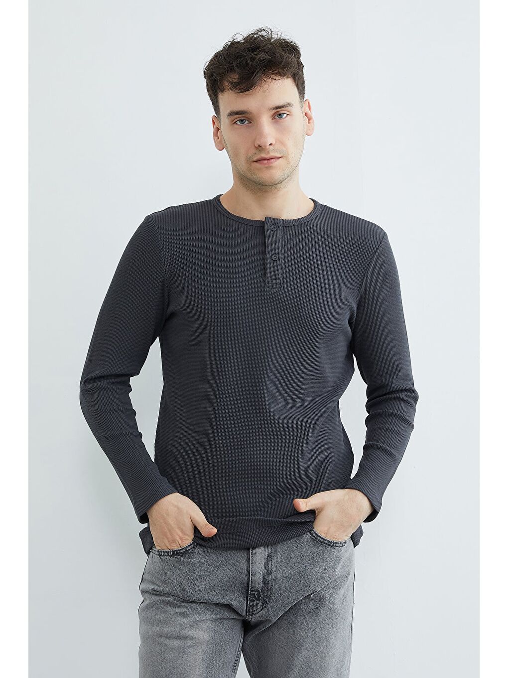 Antrasit Petek Kumaş Yarım Düğmeli Sweatshirt-2