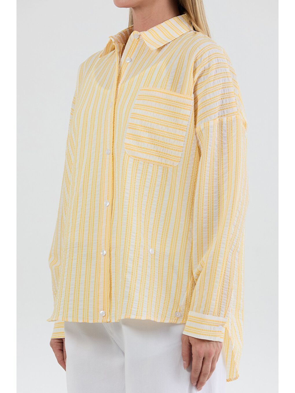 Sarı Çizgili Body Detaylı Oversize Gömlek-2