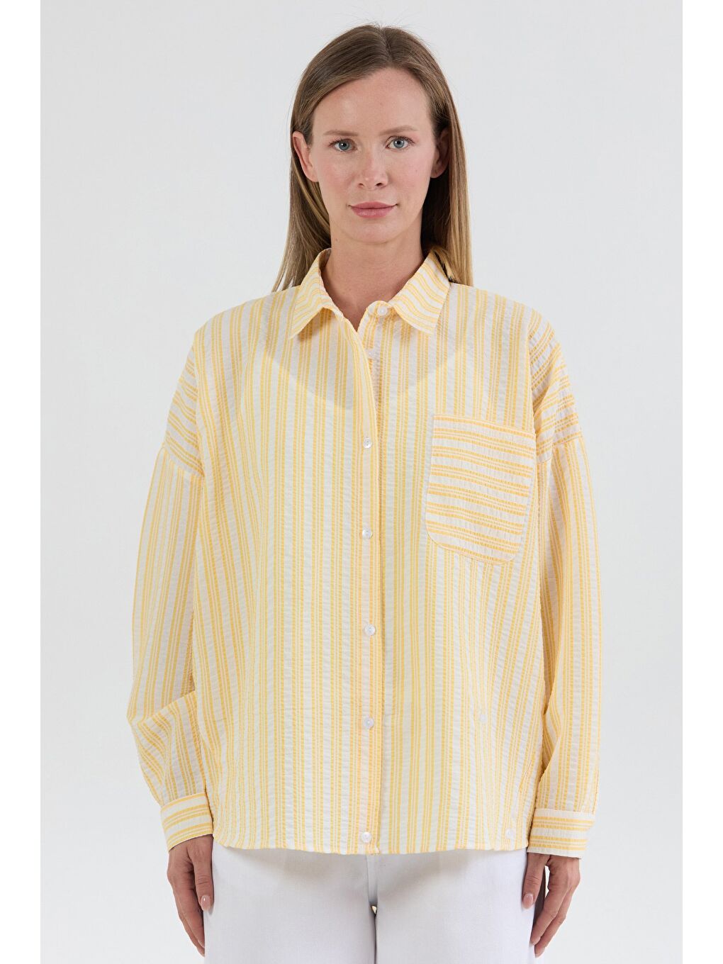 Sarı Çizgili Body Detaylı Oversize Gömlek-3