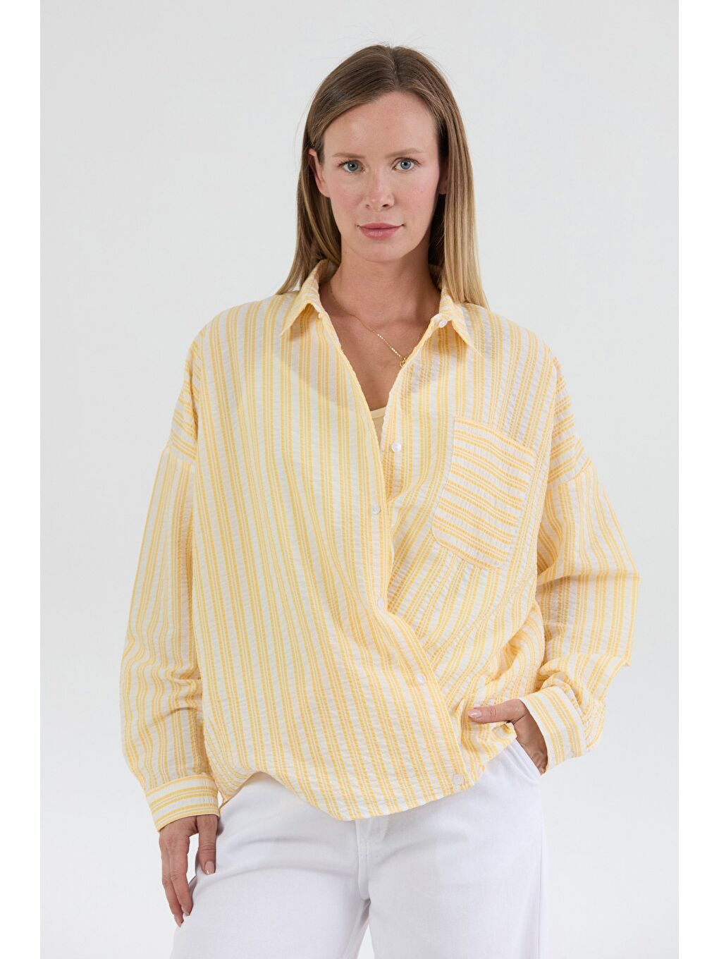 Sarı Çizgili Body Detaylı Oversize Gömlek-4