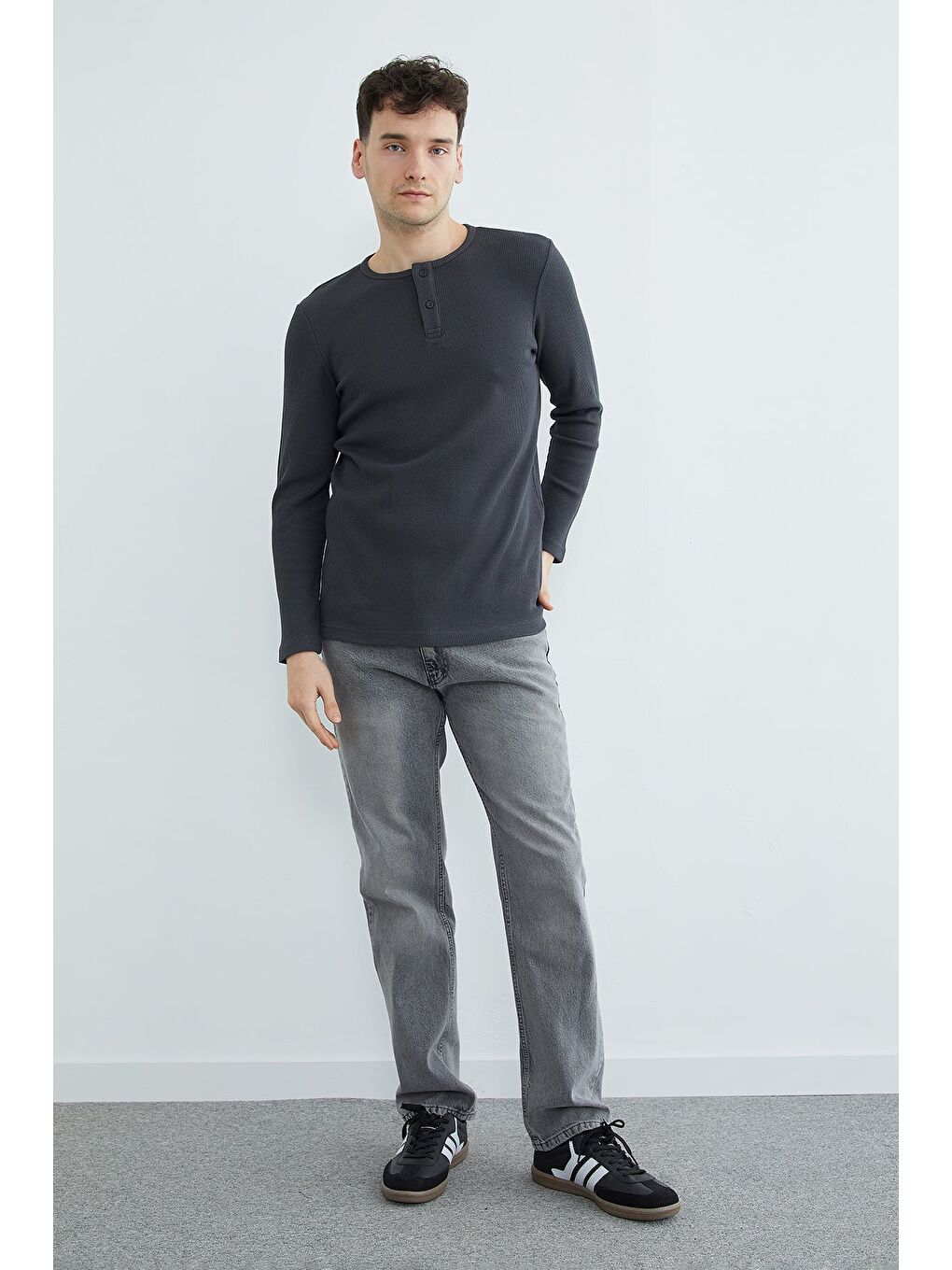 Antrasit Petek Kumaş Yarım Düğmeli Sweatshirt-3