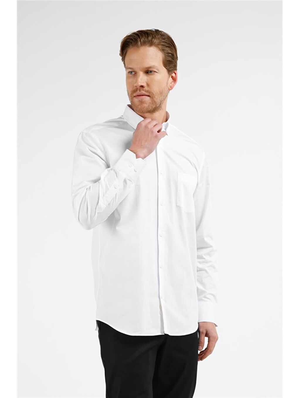 Beyaz Uzun Kol Düğmeli Yaka Düz %100 Pamuk Comfort Fit Gömlek 1004255205-2