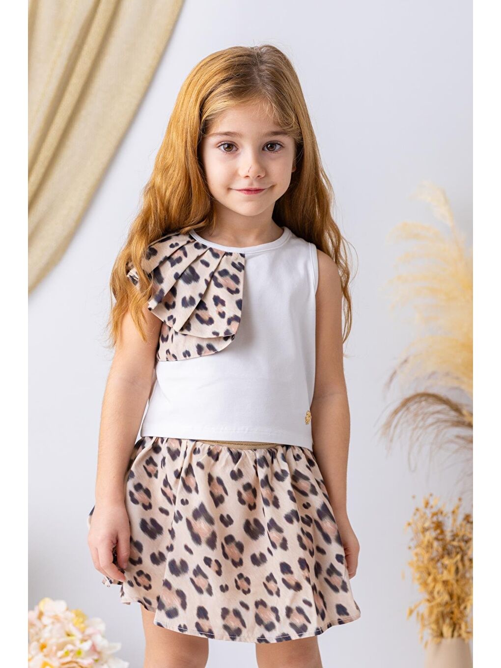 Kız Çocuk Leopar Fırfır Detaylı Bluz - Beyaz