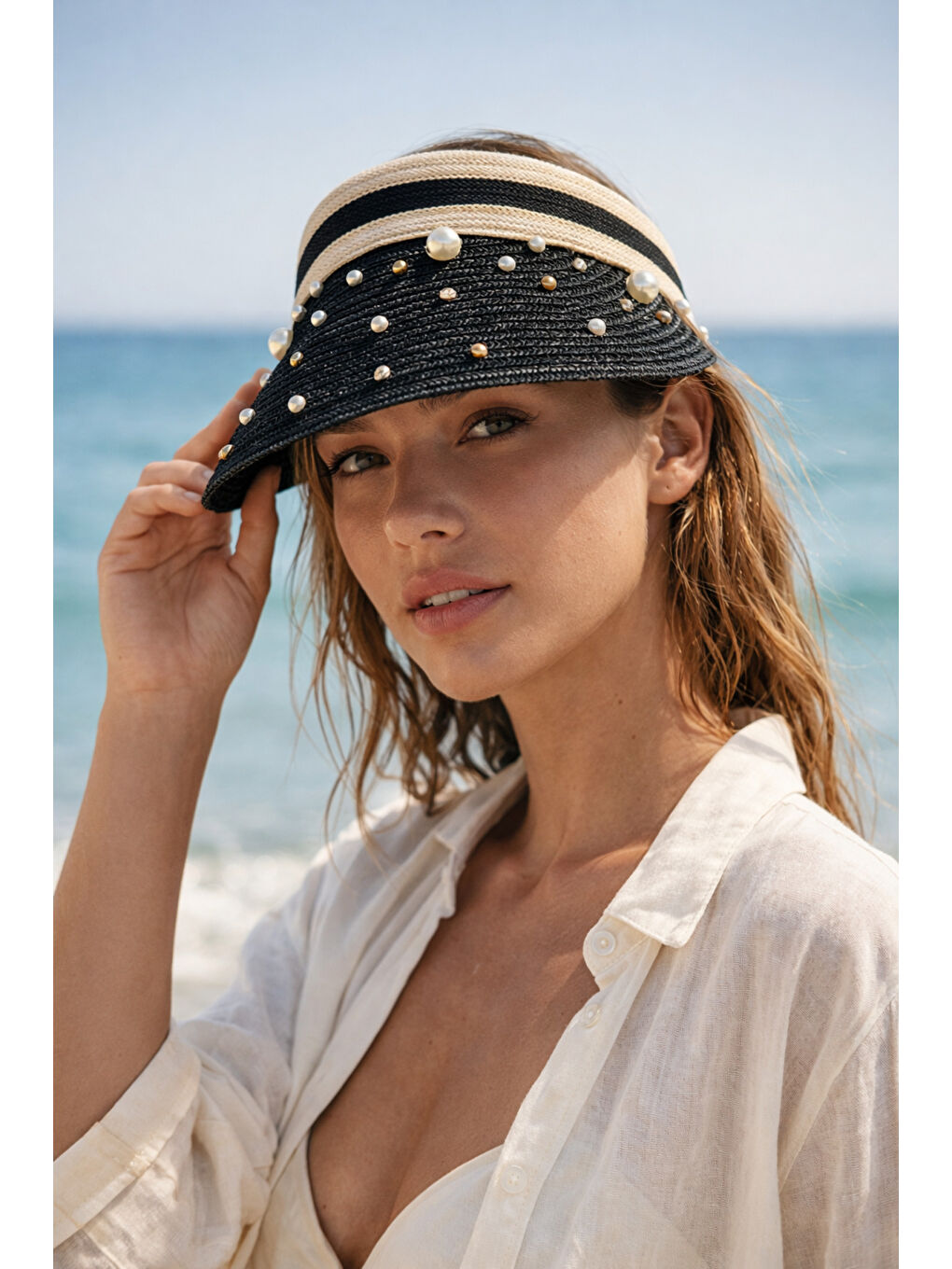 Kadın Siyah Hasır İncili Vizör Şapka Yazlık Plaj Şapkası HSR2134 SIYAH