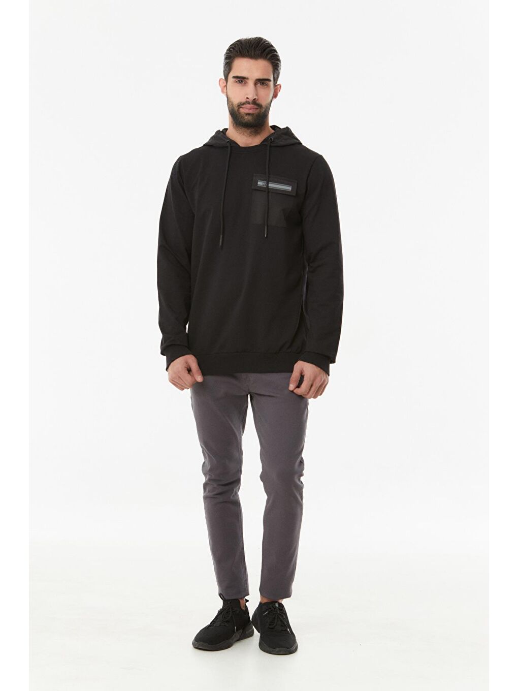 Fullamoda Siyah Baskılı Cepli Kapüşonlu Sweatshirt - 1