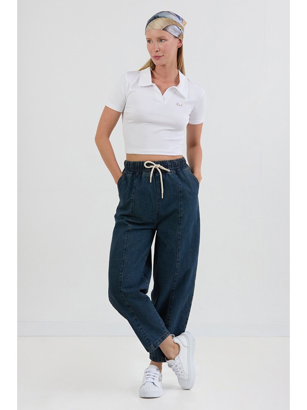 Mavi Beli Bağlamalı Slouchy Jean Pantolon