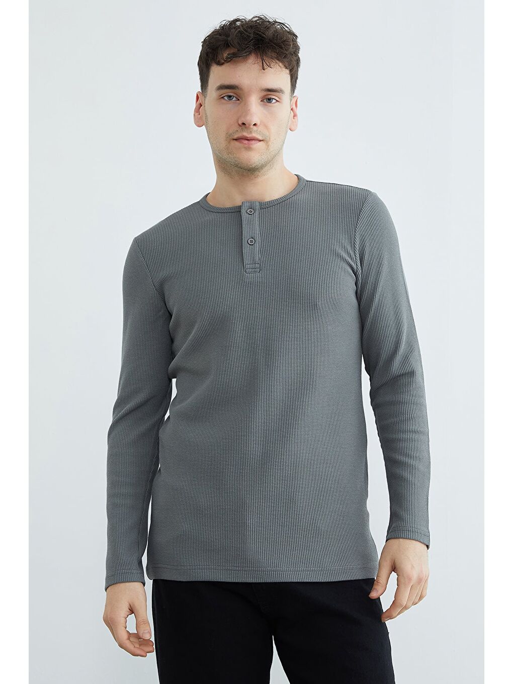 Gri Petek Kumaş Yarım Düğmeli Sweatshirt