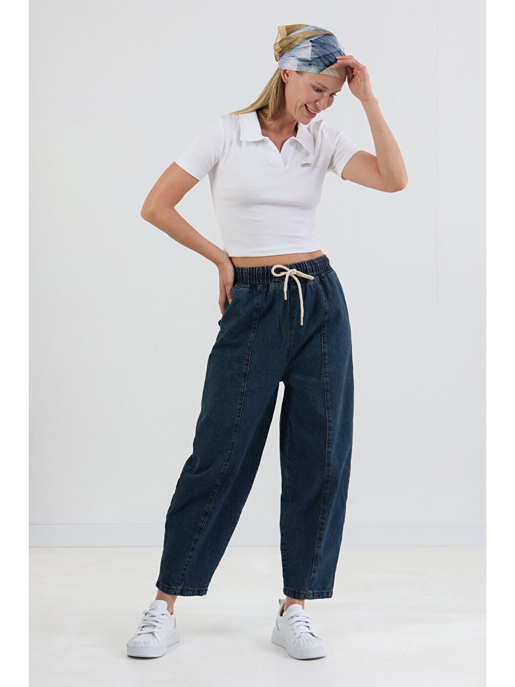 Mavi Beli Bağlamalı Slouchy Jean Pantolon-1