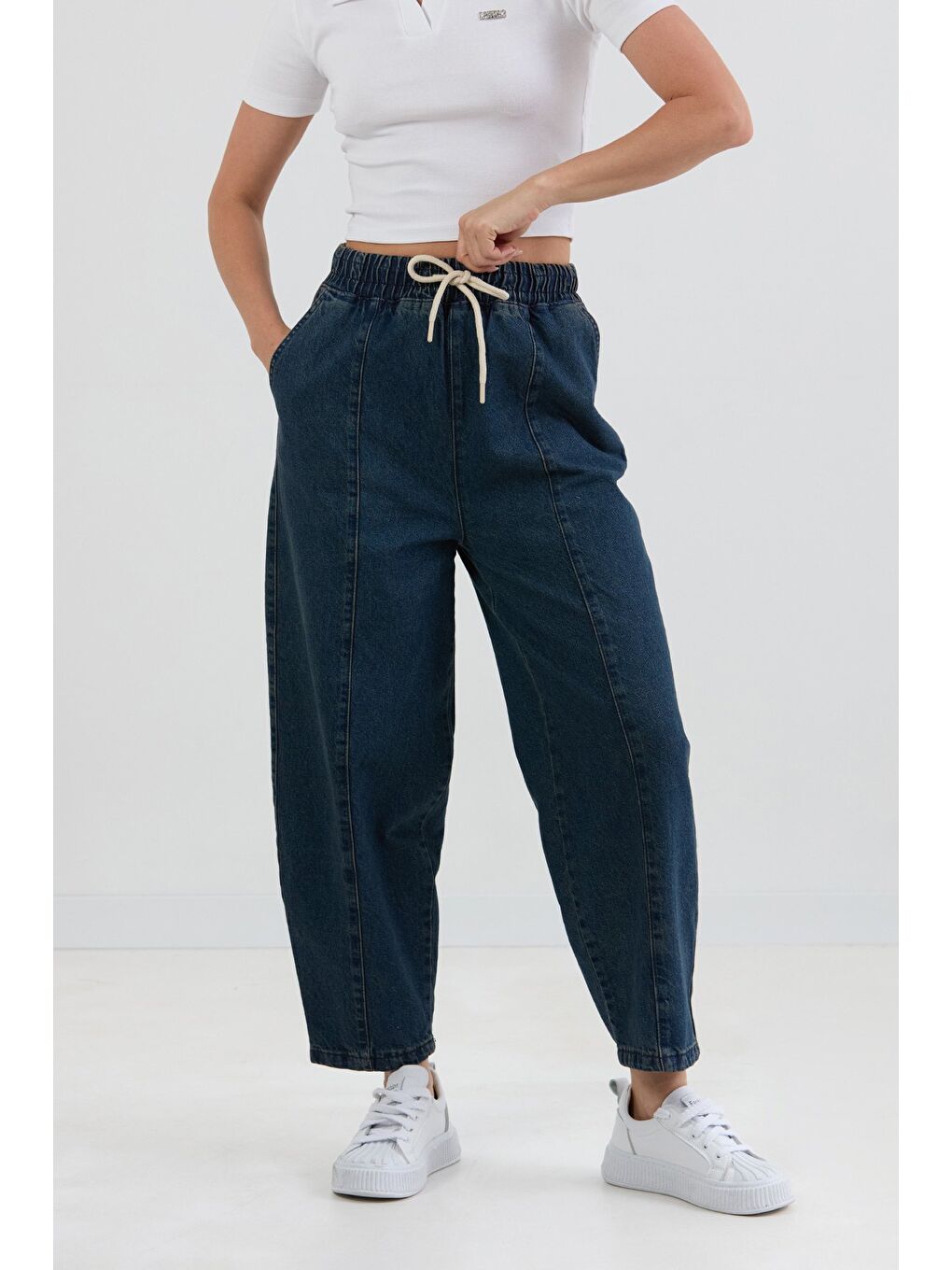 Mavi Beli Bağlamalı Slouchy Jean Pantolon-2