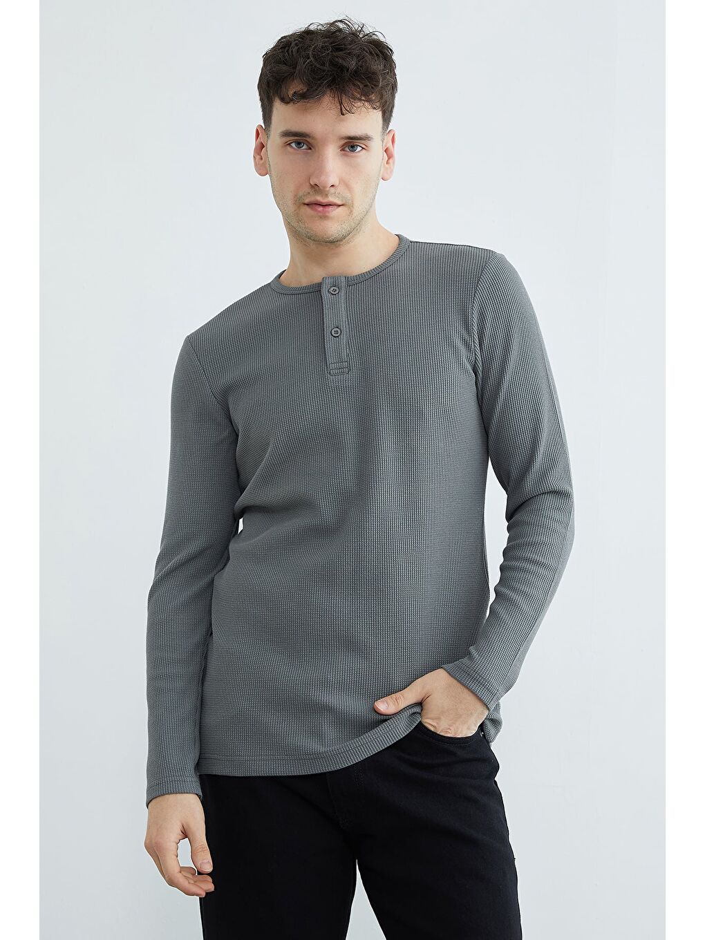 Gri Petek Kumaş Yarım Düğmeli Sweatshirt-1