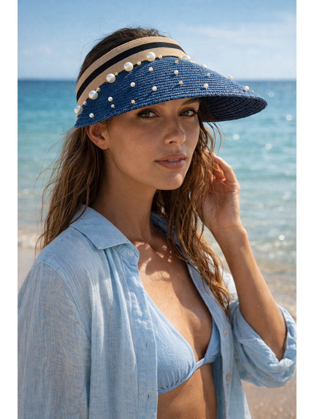 Kadın Lacivert Hasır İncili Vizör Şapka Yazlık Plaj Şapkası HSR2134 LACIVERT