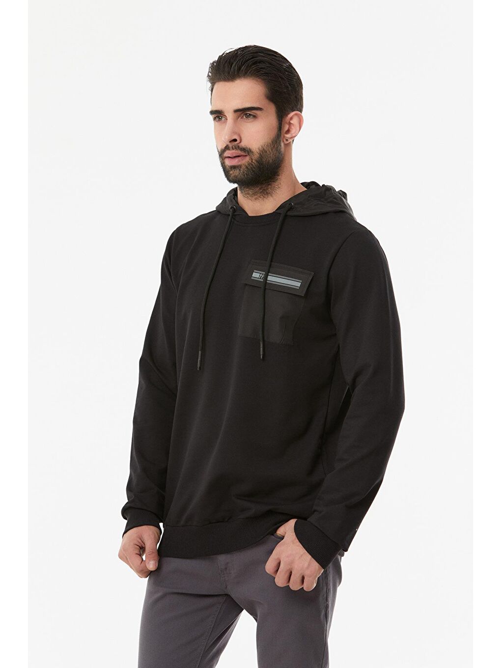 Fullamoda Siyah Baskılı Cepli Kapüşonlu Sweatshirt - 2