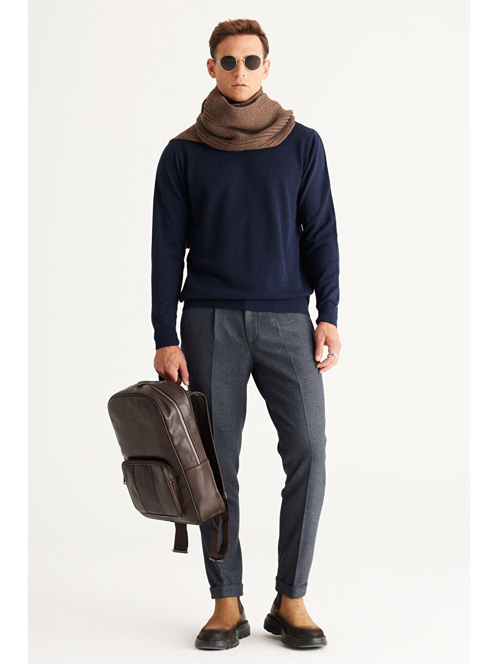 Erkek Lacivert Standart Fit Normal Kesim Yarım Balıkçı Yaka Pamuklu Triko-5