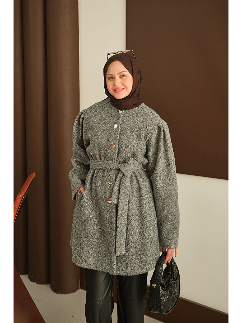 Kadın Beli Lastikli Pelüş Kaşe Kaban Gri