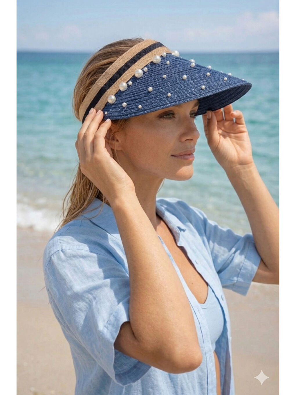Kadın Lacivert Hasır İncili Vizör Şapka Yazlık Plaj Şapkası HSR2134 LACIVERT-1