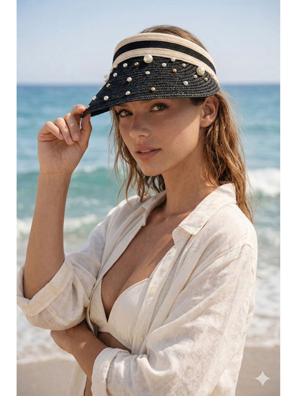 Kadın Siyah Hasır İncili Vizör Şapka Yazlık Plaj Şapkası HSR2134 SIYAH-1