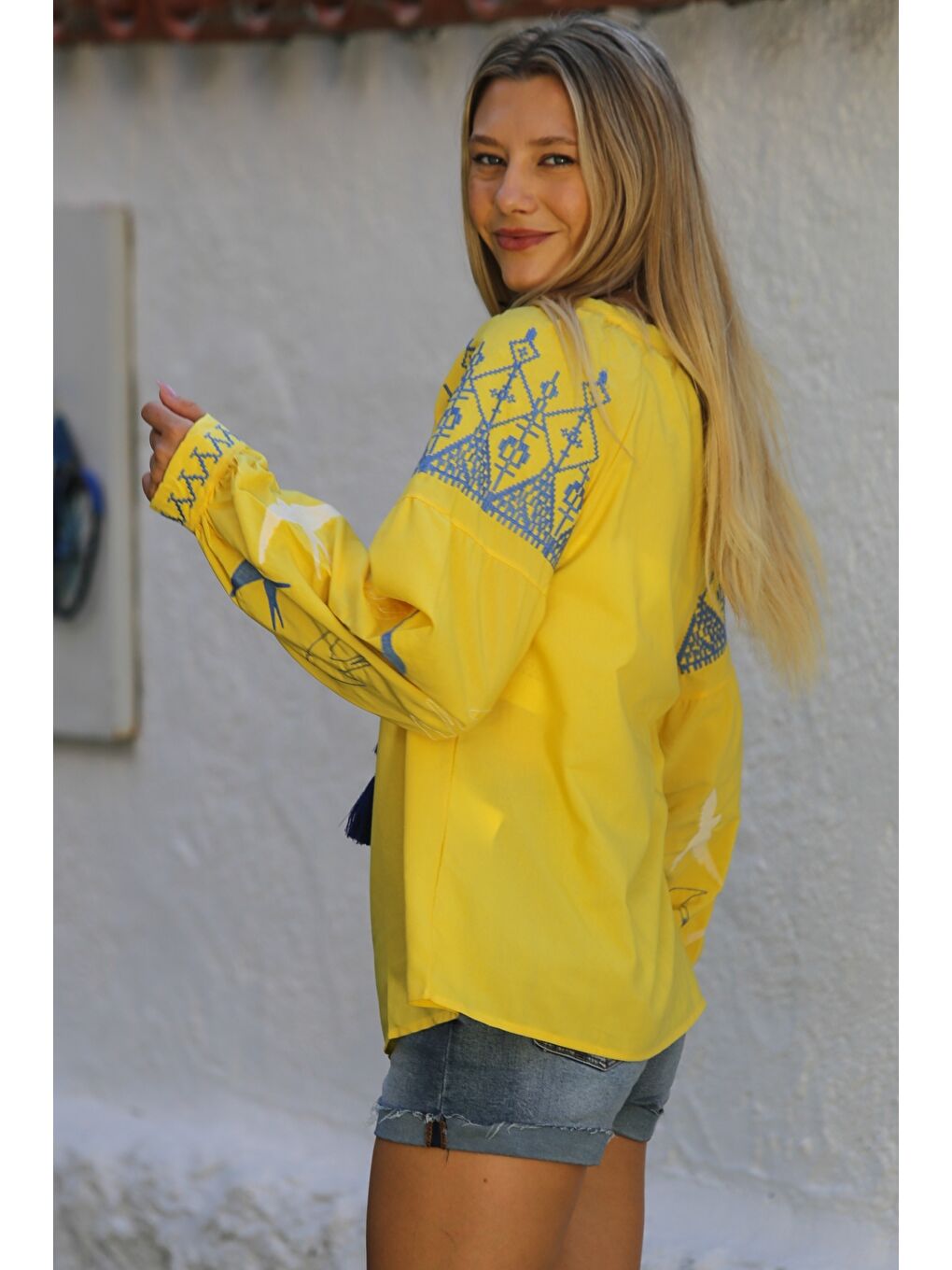 Sarı Boyundan Bağlamalı Balon Kol Yaka Ve Kol Nakışlı Dokuma Casual Bluz-4