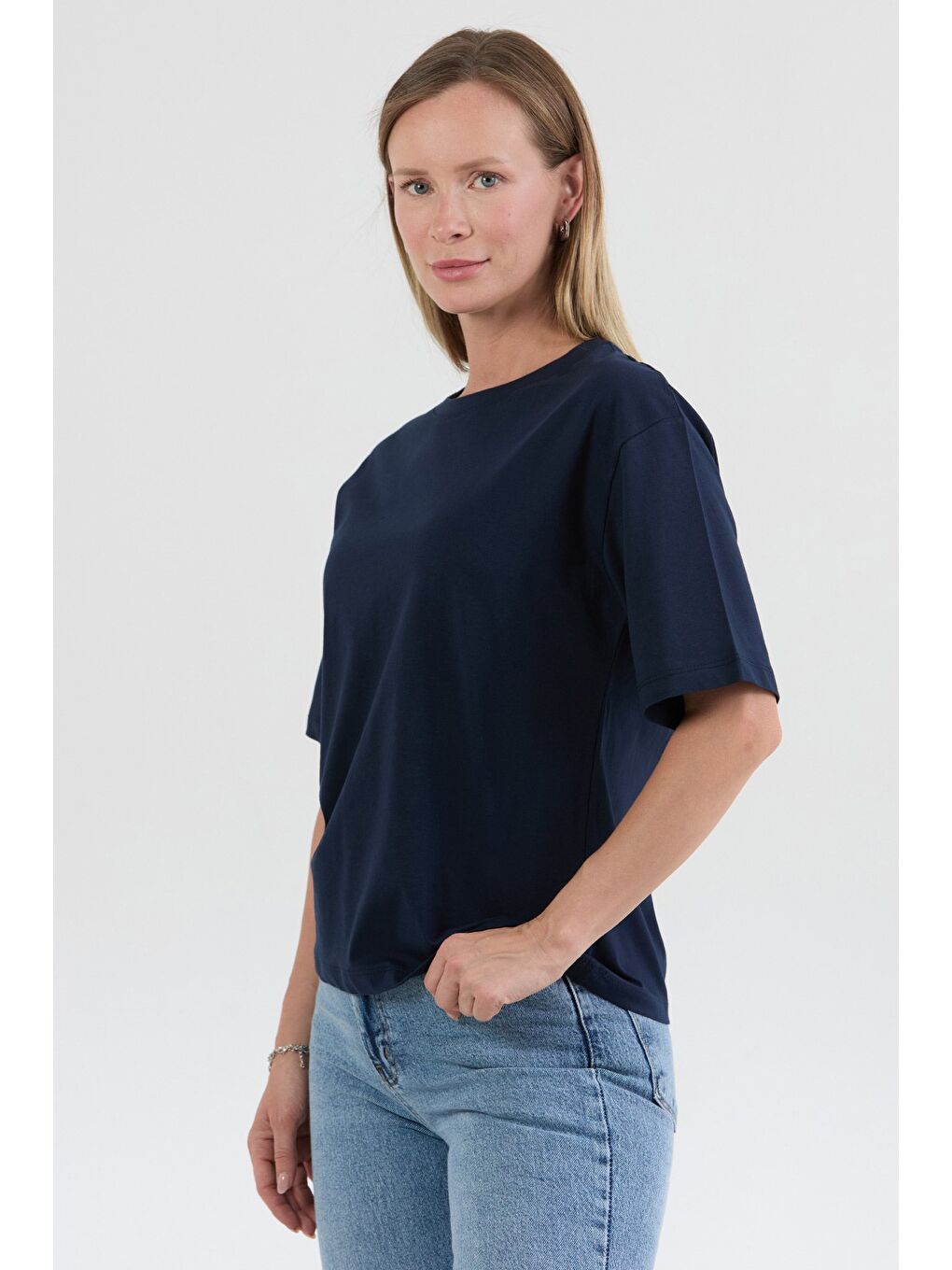 Lacivert Basic Bisiklet Yaka Tişört-2