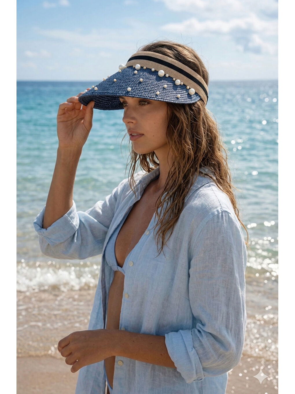 Kadın Lacivert Hasır İncili Vizör Şapka Yazlık Plaj Şapkası HSR2134 LACIVERT-2