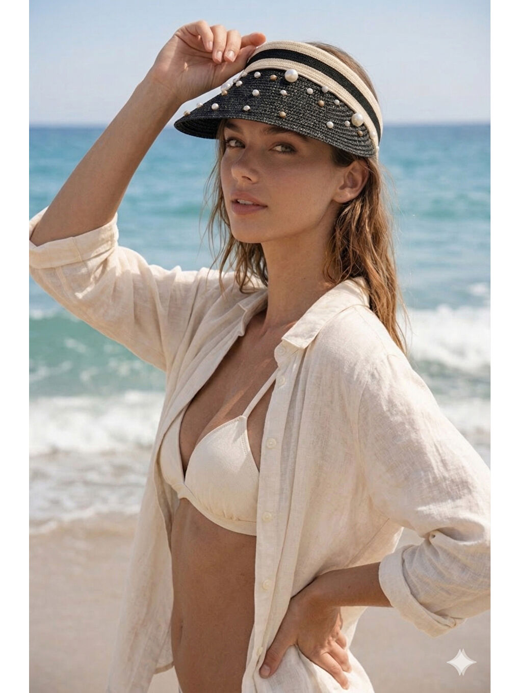 Kadın Siyah Hasır İncili Vizör Şapka Yazlık Plaj Şapkası HSR2134 SIYAH-2