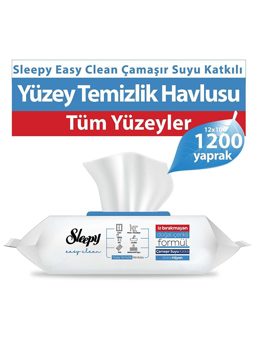 Sleepy Beyaz 12'li Paket Easy Clean Çamaşır Suyu Katkılı Yüzey Temizlik Havlusu 12x100 (1200 Yaprak)