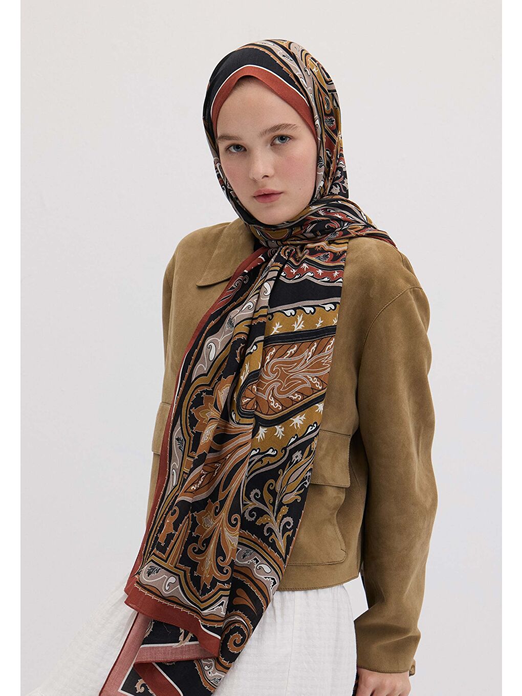 Kahverengi Vıntage Paısley Desen Şal Kiremit-3