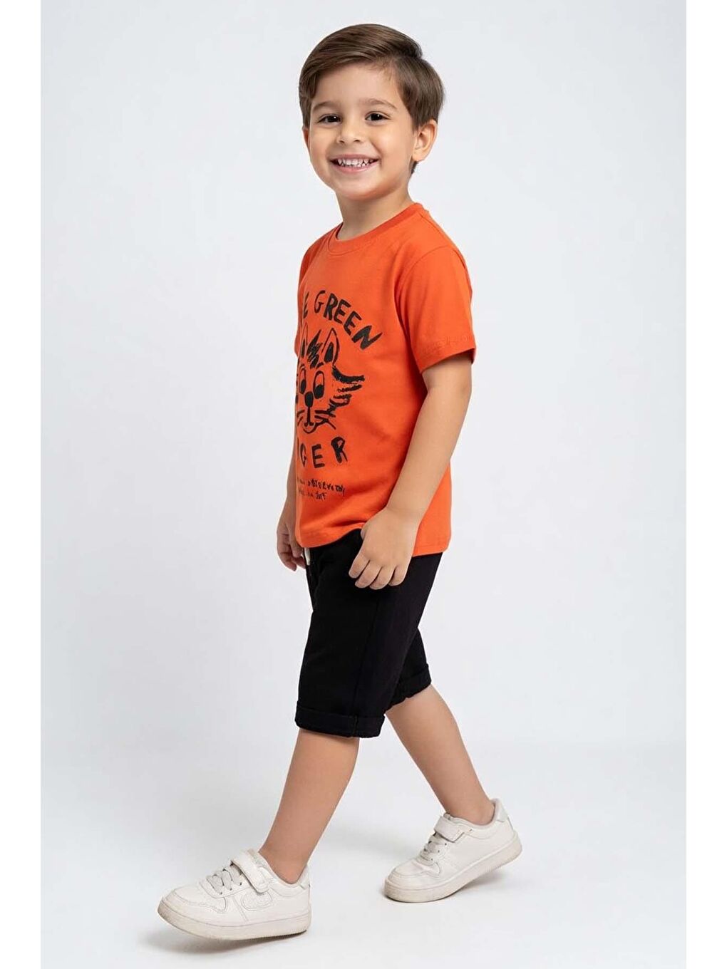 Turuncu Erkek Çocuk Tiger Baskılı Kedi Detaylı Şortlu Takım-1