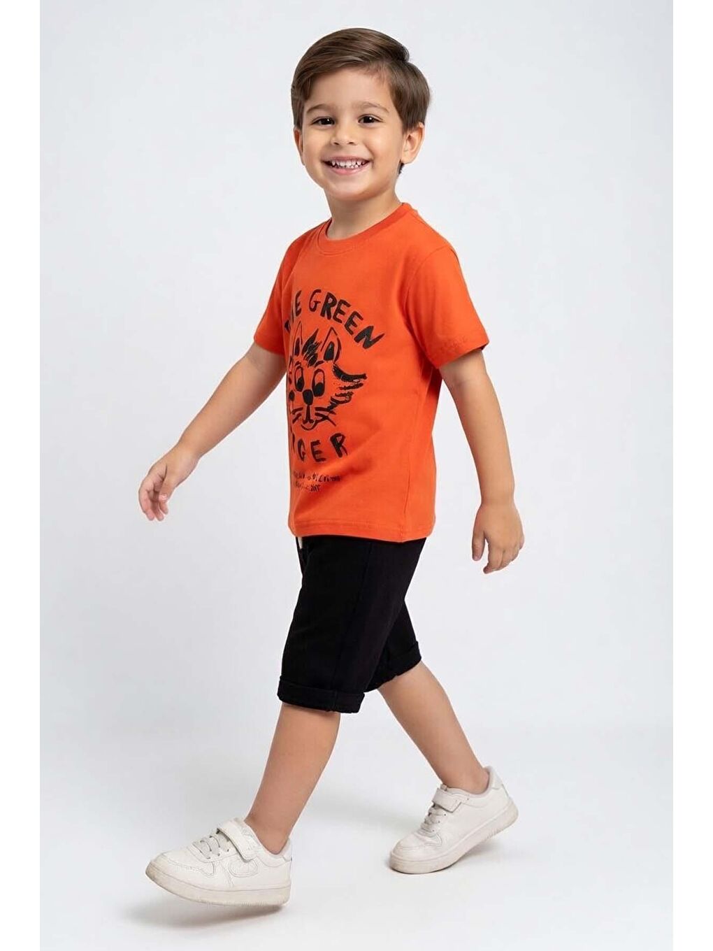 Turuncu Erkek Çocuk Tiger Baskılı Kedi Detaylı Şortlu Takım-2